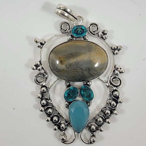 Handmade Silver Pendant Necklace with Labradorite, Blue Topaz & Turquoise Gems - Picture 2 of 10